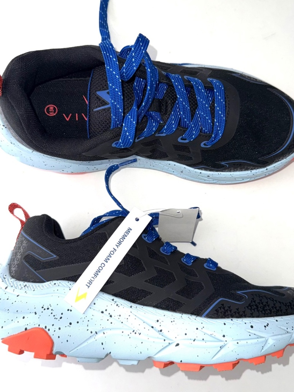 VIVELY New $50 Women's 6.5 Black Blue Orange Mountaineer Trail Shoes Sneaker #87